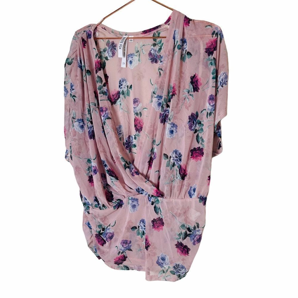 EUC ANGL Haute Fox Pink Floral Mesh Blouse 2X